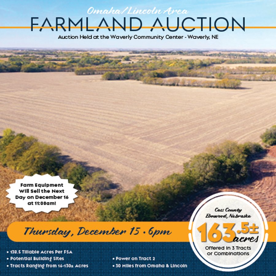 FARMLAND AUCTION - 163.5+/- ACRES OFFERED IN 3 TRACTS IN CASS COUNTY, NEBRASKA
