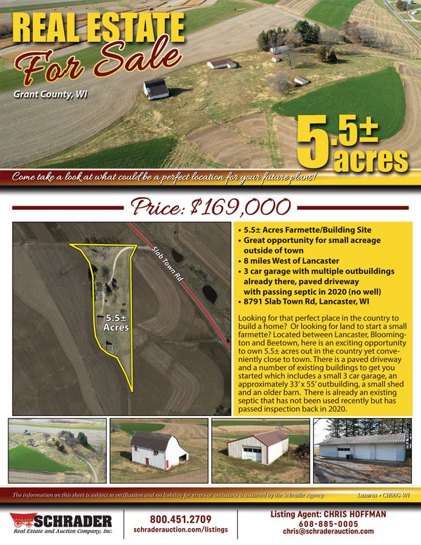 Listing brochure cover - REAL ESTATE FOR SALE 5.5 +/- ACRES IN GRANT COUNTY, WISCONSIN - PRICE REDUCED!