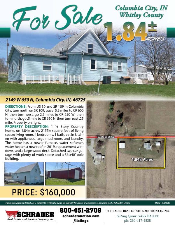 Listing brochure cover - HOME FOR SALE 1.84+/- ACRES IN WHITLEY COUNTY, IN