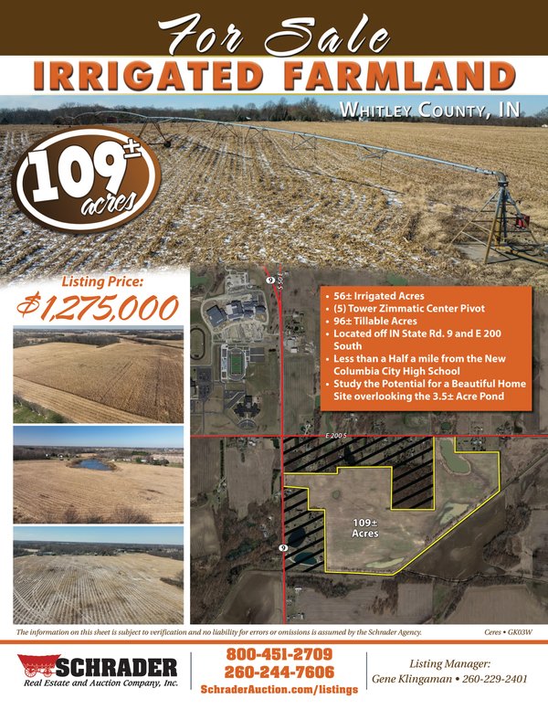 Listing brochure cover - 109+/- ACRES IRRIGATED FARMLAND FOR SALE IN WHITLEY COUNTY, INDIANA