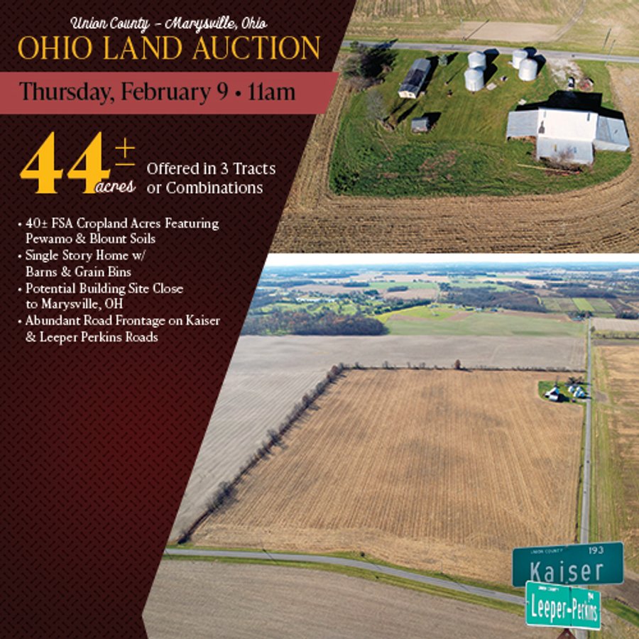 LAND AUCTION - 44+/- ACRES OFFERED IN 3 TRACTS IN UNION COUNTY, OHIO