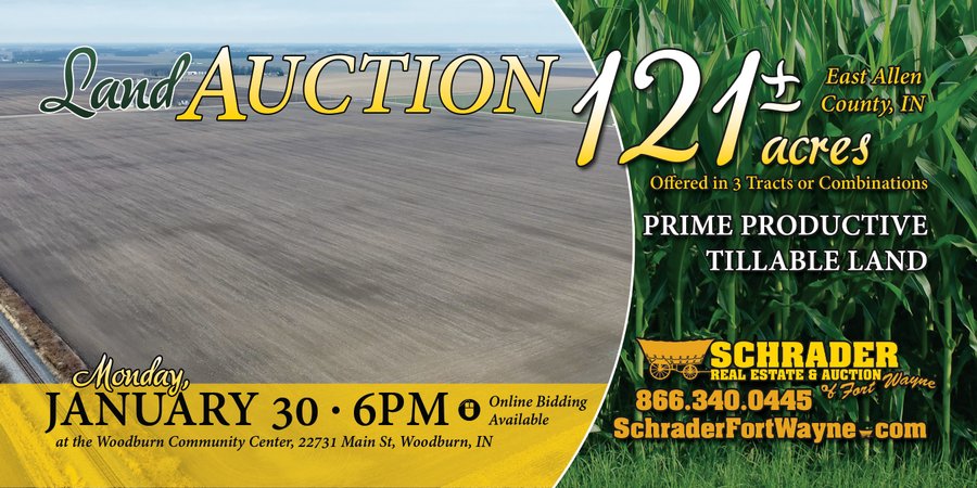 LAND AUCTION 121+/- ACRES OFFERED IN 3 TRACTS IN EAST ALLEN COUNTY, INDIANA