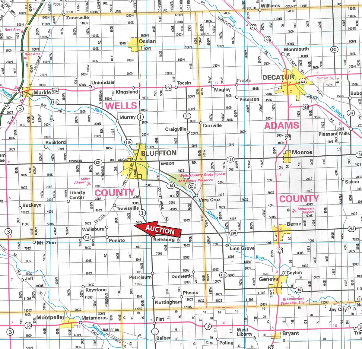 Area map - FARM EQUIPMENT AND TOYS AUCTION IN WELLS COUNTY, INDIANA