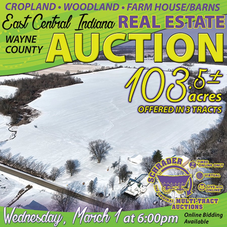 LAND AUCTION - 103.5+/- ACRES OFFERED IN 3 TRACTS IN WAYNE COUNTY, INDIANA
