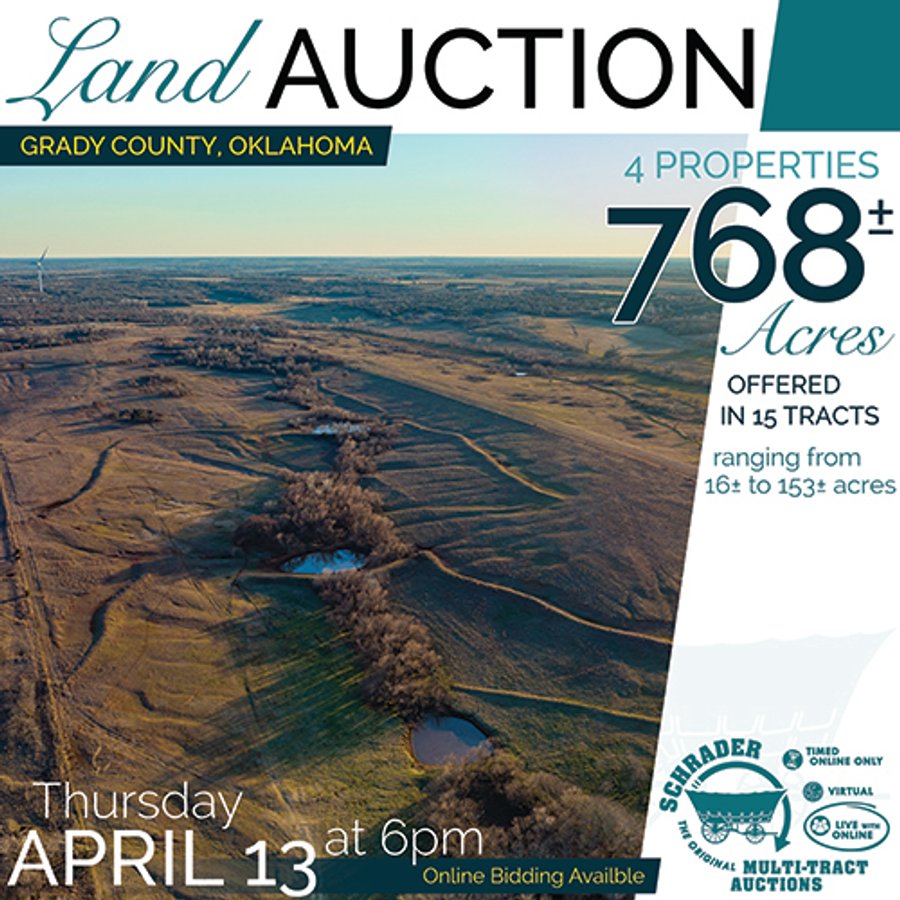 LAND AUCTION - 768+/- ACRES OFFERED IN 15 TRACTS IN GRADY COUNTY, OKLAHOMA