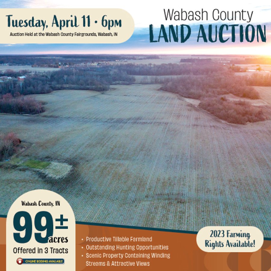 LAND AUCTION - 99+/- ACRES OFFERED IN 3 TRACTS IN WABASH COUNTY, INDIANA