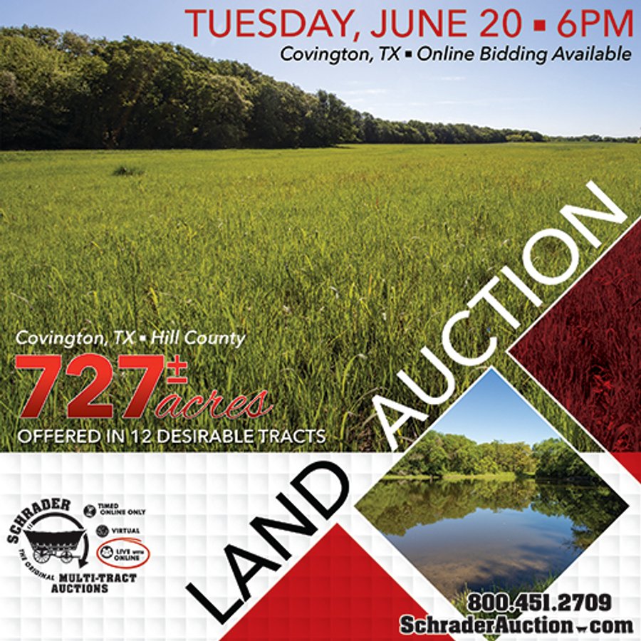 LAND AUCTION 727+/- ACRES OFFERED IN 12 TRACTS IN HILL COUNTY, TEXAS