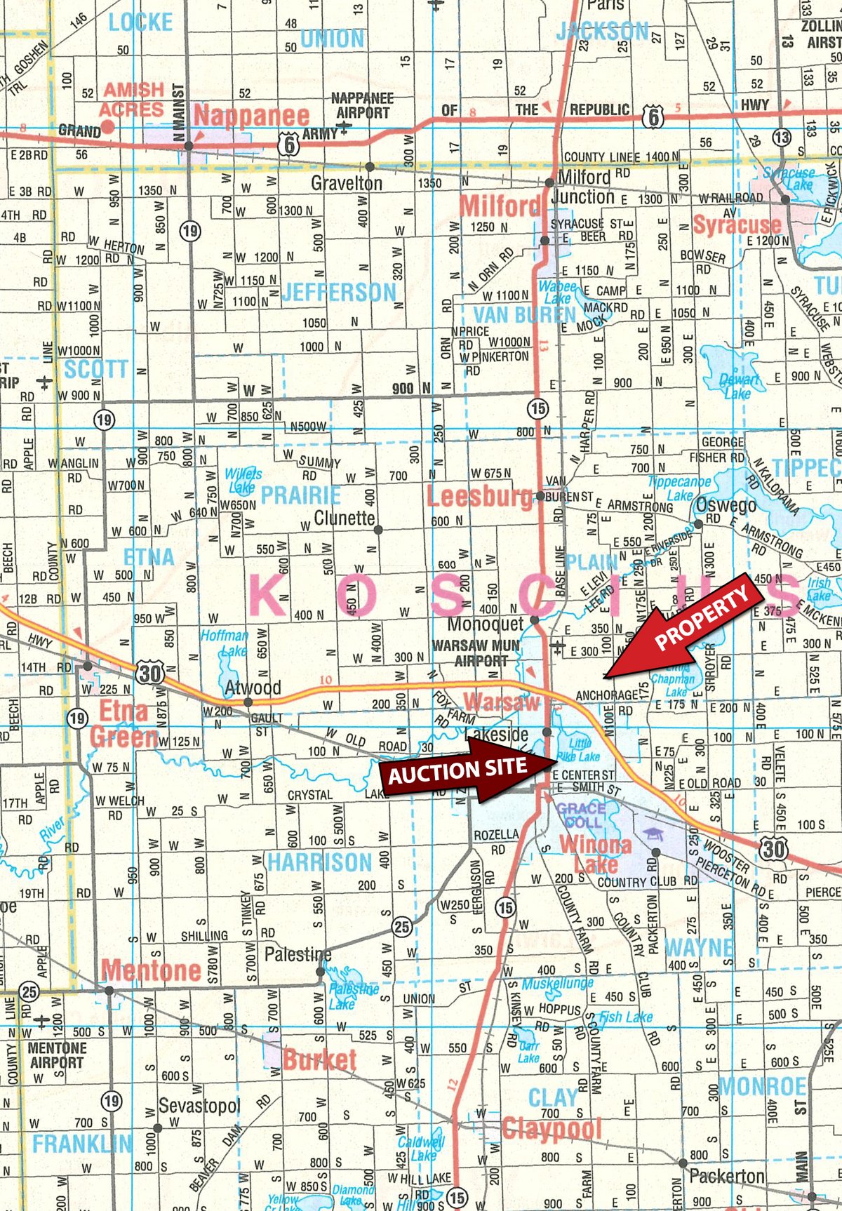 Area map - REAL ESTATE AUCTION - 36.22+/- ACRES OFFERED IN 3 TRACTS IN KOSCIUSKO COUNTY, INDIANA