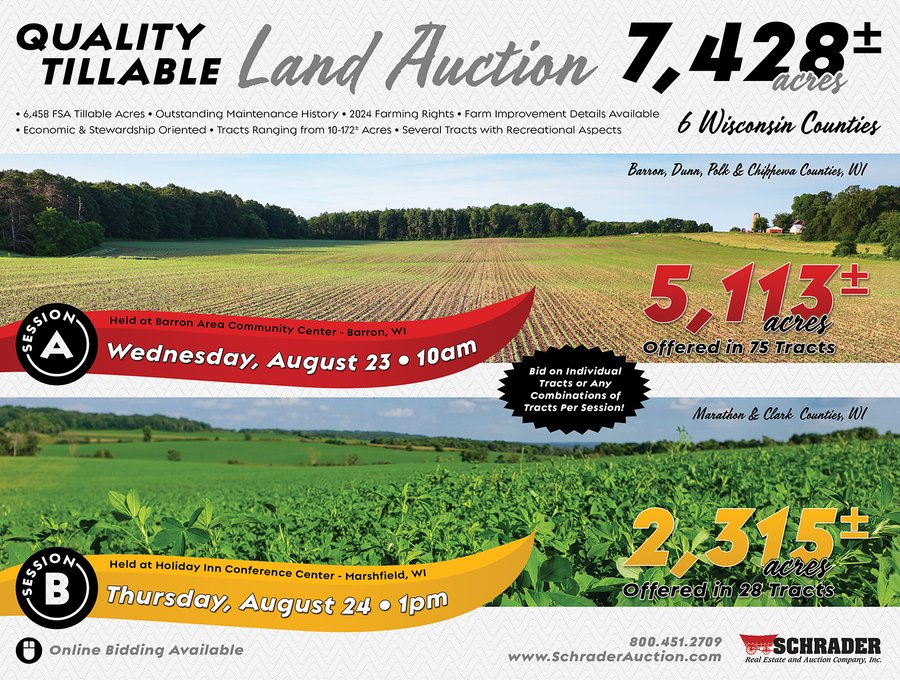 SESSION A - QUALITY TILLABLE LAND AUCTION - 5,113+/- ACRES OFFERED IN 75 TRACTS IN BARRON, DUNN, POLK, & CHIPPEWA COUNTIES, WI (PART OF A 7,428+/- ACRES IN 6 WISCONSIN COUNTIES)