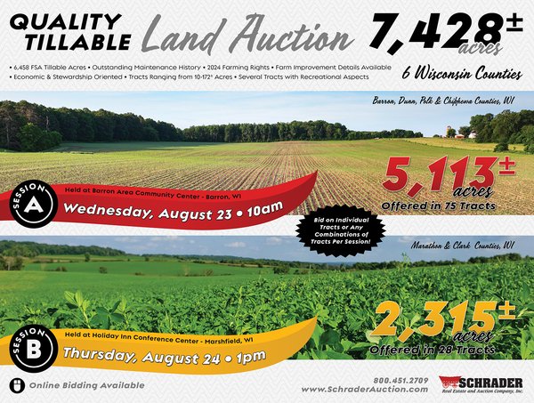 Sold: SESSION A - QUALITY TILLABLE LAND AUCTION - 5,113+/- ACRES OFFERED IN 75 TRACTS IN BARRON, DUNN, POLK, & CHIPPEWA COUNTIES, WI (PART OF A 7,428+/- ACRES IN 6 WISCONSIN COUNTIES) - Barron, Dunn, Polk, & Chippewa Counties, WI