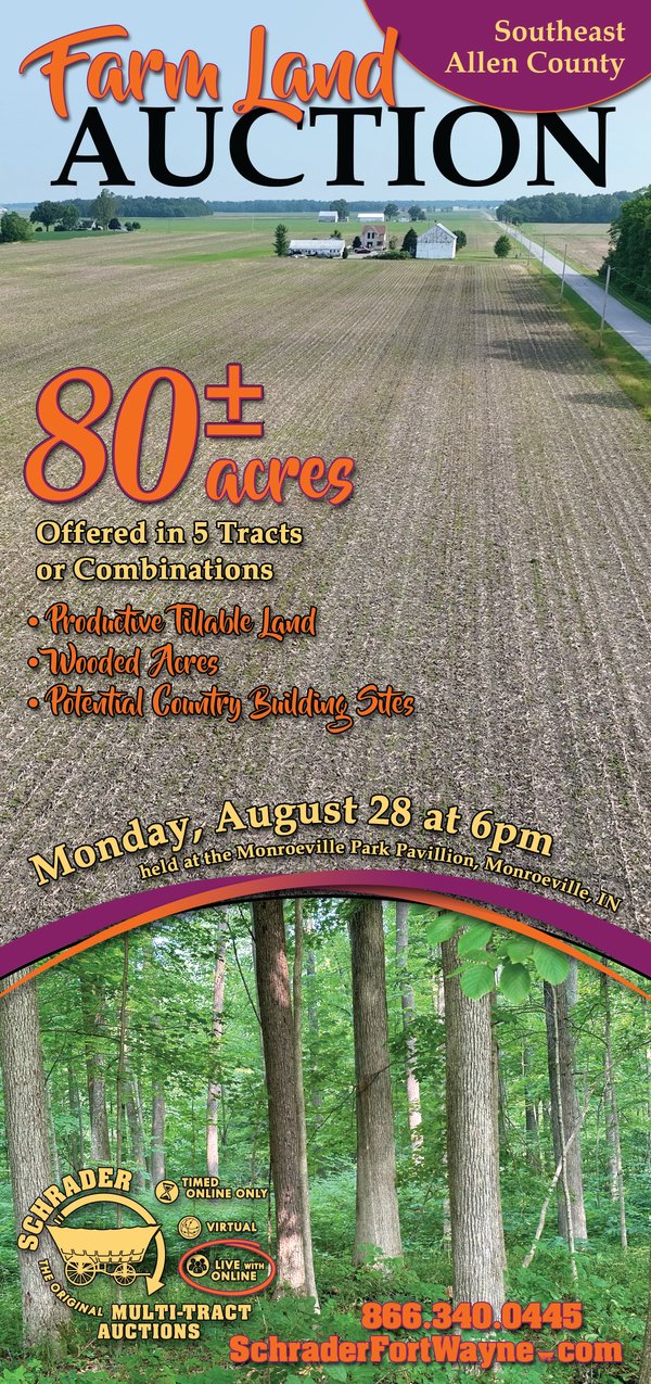Sold: FARM LAND AUCTION 80+/- ACRES OFFERED IN 5 TRACTS IN ALLEN COUNTY, INDIANA - Monroeville, IN - Allen County, IN