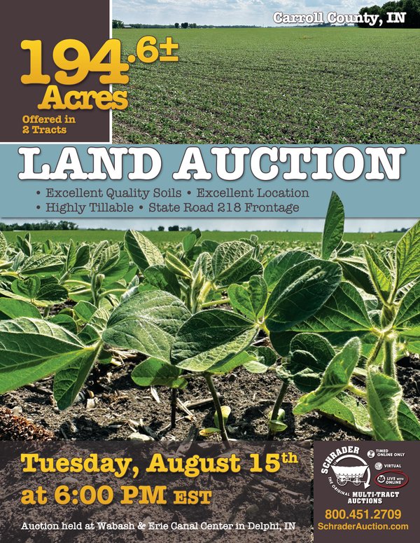Sold: LAND AUCTION IN 194.6+/- ACRES OFFERED IN 2 TRACTS IN CARROLL COUNTY, INDIANA - Camden, IN - Carroll County, IN