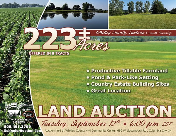 Sold: LAND AUCTION - 223+/- ACRES OFFERED IN 8 TRACTS IN WHITLEY COUNTY, INDIANA - Churubusco, IN - Whitley County, IN