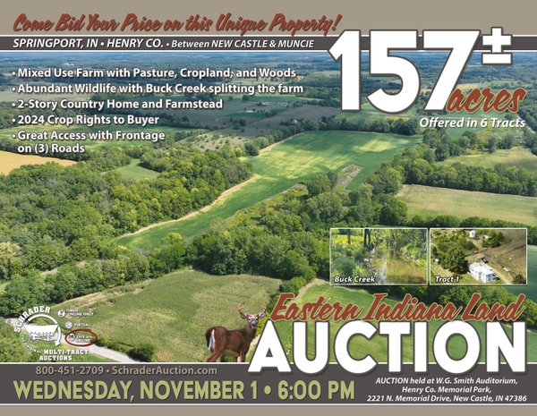 Sold: LAND AUCTION - 157+/- ACRES OFFERED IN 6 TRACTS IN HENRY COUNTY, INDIANA - Springport, IN - Henry County, IN