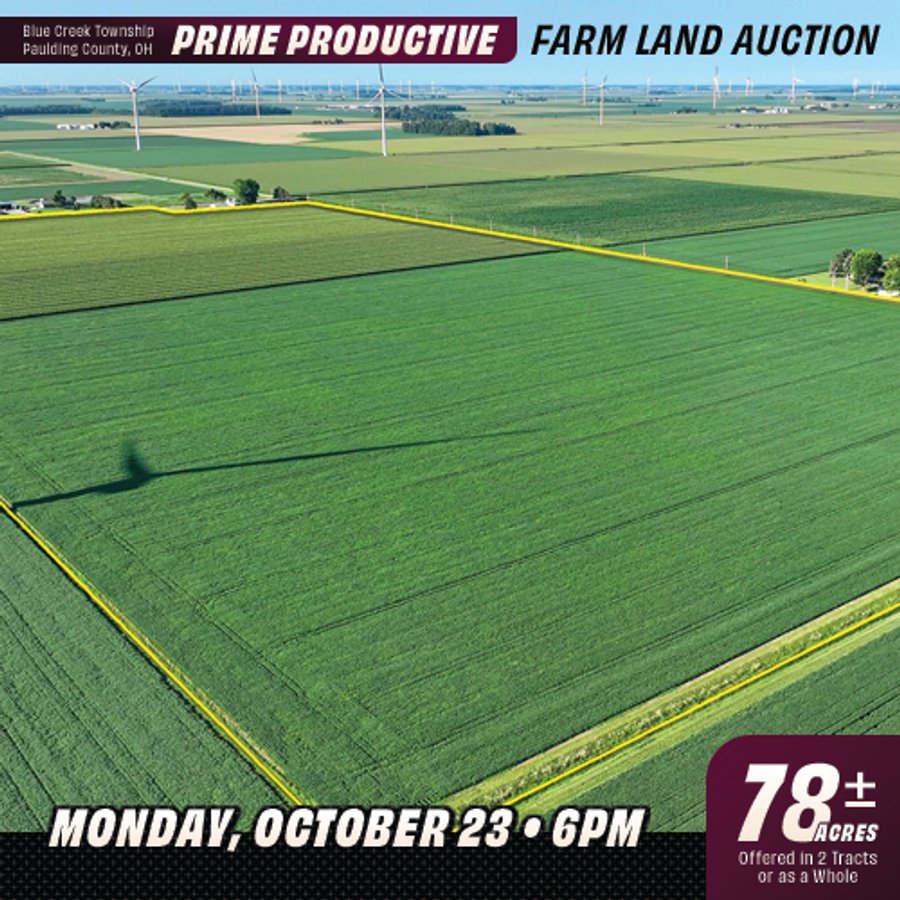 FARM LAND AUCTION - 78+/- ACRES OFFERED IN 2 TRACTS IN PAULDING COUNTY, OHIO
