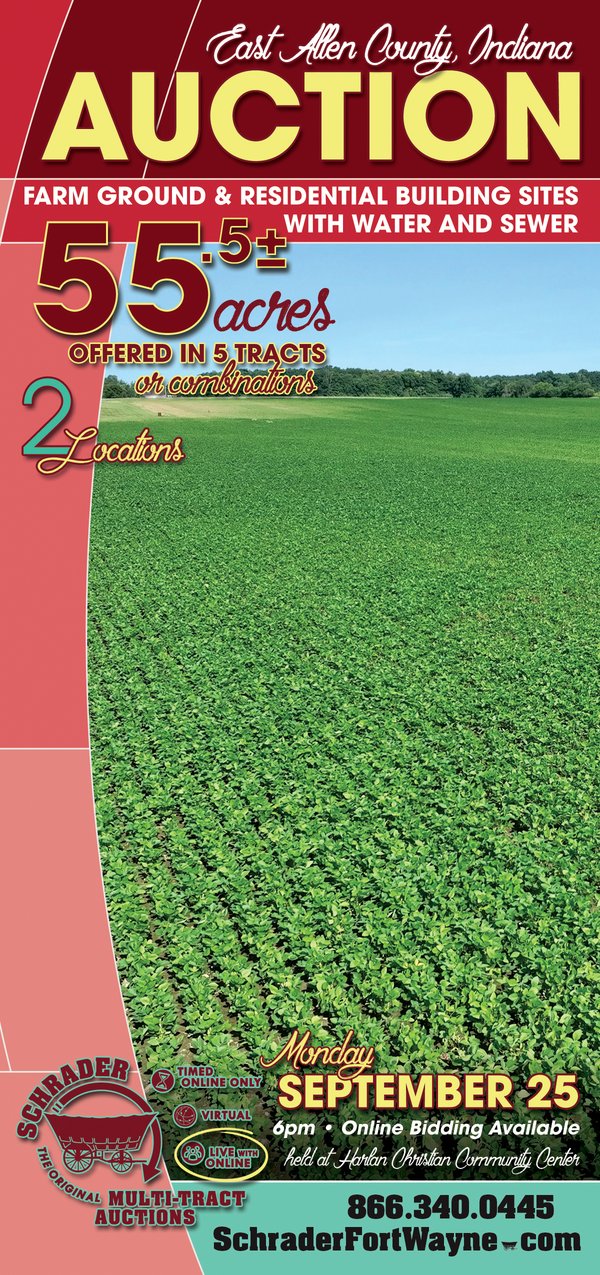 Sold: REAL ESTATE AUCTION - 55.5+/- ACRES, 2 LOCATIONS OFFERED IN 5 TRACTS IN ALLEN COUNTY, INDIANA - Allen County, IN - 2 LOCATIONS -- Location 1: 16508 State Road 101, Grabill, IN 46741 -- Location 2: 18,000 Block of Antwerp Rd, Harlan, IN