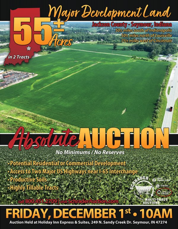 Sold: DEVELOPMENT LAND ABSOLUTE AUCTION - 55+/- ACRES OFFERED IN 2 TRACTS IN JACKSON COUNTY, INDIANA - Seymour, IN - Jackson County, IN