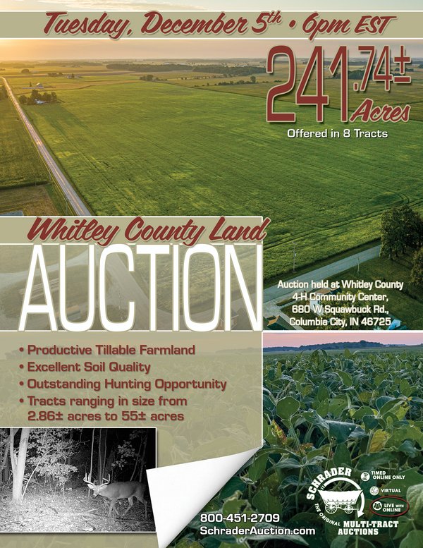 Sold: LAND AUCTION - 241.74+/- ACRES OFFERED IN 8 TRACTS IN WHITLEY COUNTY, INDIANA - Columbia City, IN - Whitley County, IN