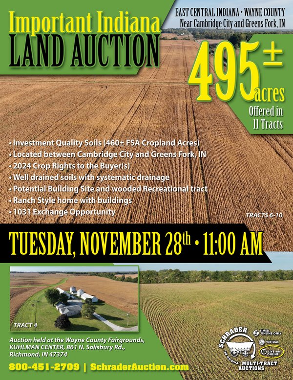 Sold: LAND AUCTION - 495+/- ACRES OFFERED IN 11 TRACTS IN WAYNE COUNTY, INDIANA - 11513 Moyer Rd. Cambridge City, IN 47327 - Wayne County, IN