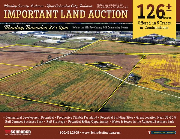 Sold: LAND AUCTION - 126+/- ACRES OFFERED IN 5 TRACTS IN WHITLEY COUNTY, INDIANA - Columbia City, IN - Whitley County, IN