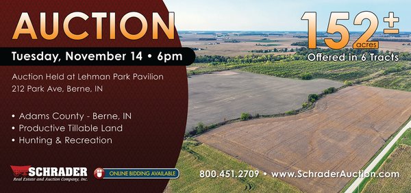 Sold: REAL ESTATE AUCTION - 152+/- ACRES OFFERED IN 6 TRACTS IN ADAMS COUNTY, INDIANA - Adams County - Berne, IN