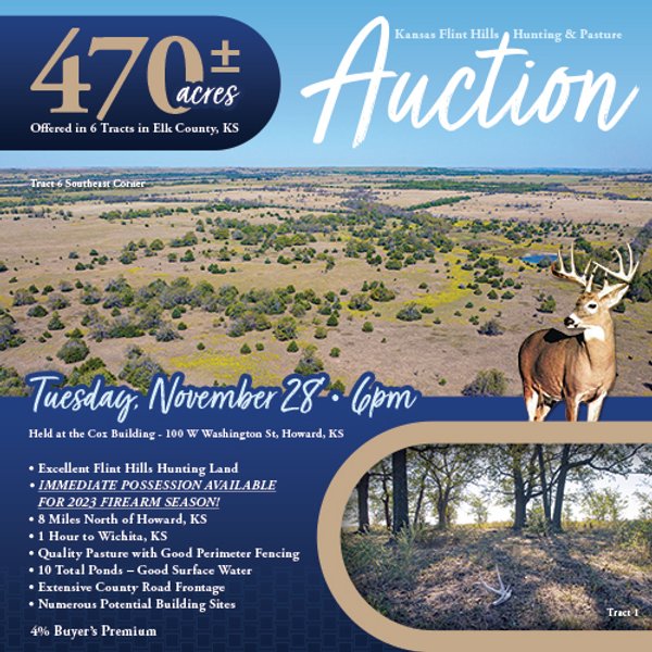 Kansas Flint Hills Hunting and Pasture Auction - 470+/- Acres Offered in 6 Tracts in Elk County, Kansas