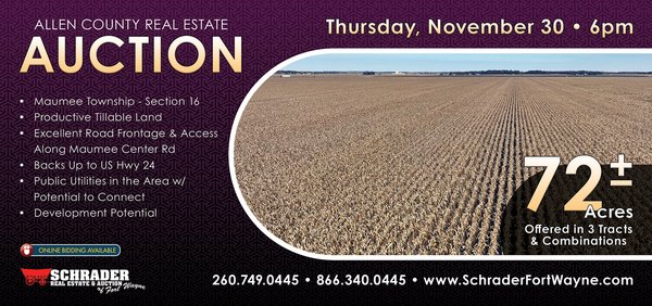Sold: LAND AUCTION - 72+/- ACRES OFFERED IN 3 TRACTS IN ALLEN COUNTY, INDIANA - Woodburn, IN - Allen County, IN