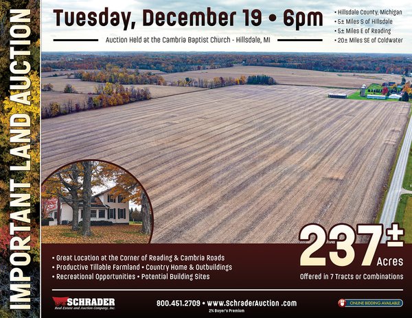Sold: LAND AUCTION - 237+/- ACRES OFFERED IN 7 TRACTS IN HILLSDALE COUNTY, MICHIGAN - 6451 Cambria Rd, Hillsdale, MI 49242 - Hillsdale County, MI