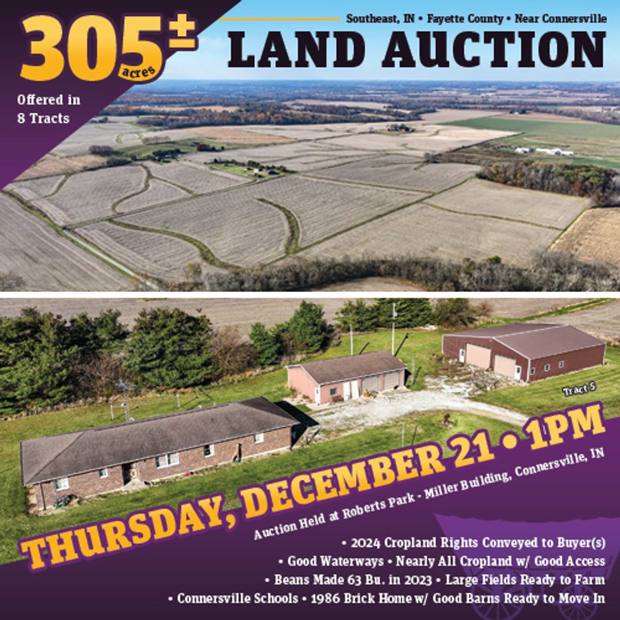 LAND AUCTION - 305+/- ACRES OFFERED IN 8 TRACTS IN FAYETTE COUNTY, INDIANA