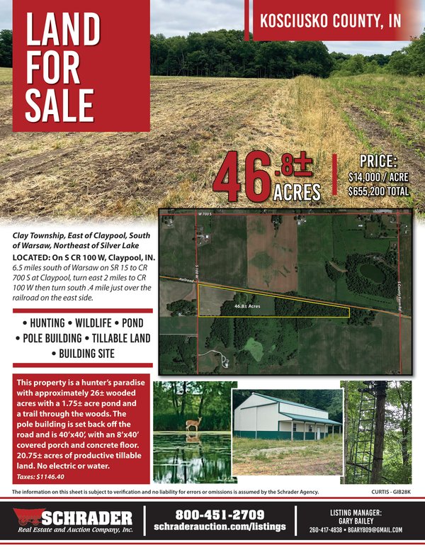 Listing brochure cover - LAND FOR SALE - 46.8+/- ACRES IN KOSCIUSKO COUNTY, INDIANA