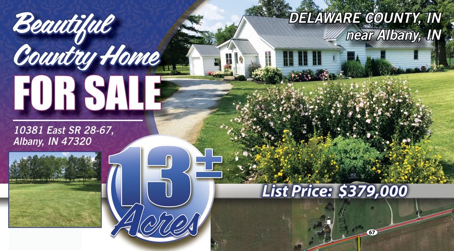 For sale: BEAUTIFUL COUNTRY HOME FOR SALE - 13+/- ACRES IN DELAWARE COUNTY, INDIANA - 10381 East SR 28-67, Albany, IN 47320 - Delaware County, IN
