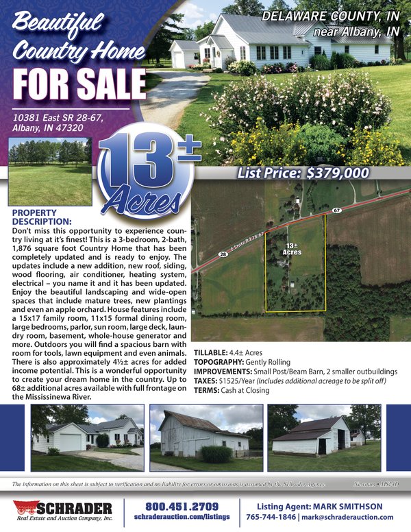 Listing brochure cover - BEAUTIFUL COUNTRY HOME FOR SALE - 13+/- ACRES IN DELAWARE COUNTY, INDIANA