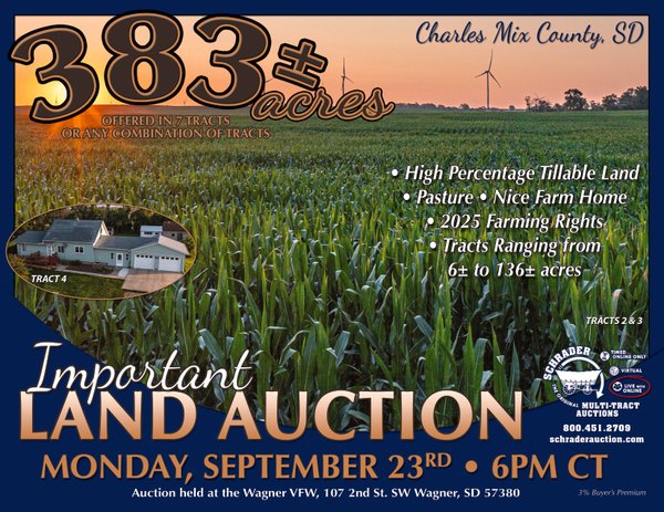 Sold: IMPORTANT LAND AUCTION - 383+/- ACRES OFFERED IN 7 TRACTS IN CHARLES MIX COUNTY, SOUTH DAKOTA - Wagner, SD - Charles Mix County, SD