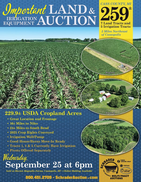 Sold: LAND & IRRIGATION EQUIPMENT AUCTION - 259+/- ACRES OFFERED IN 7 LAND TRACTS AND 5 IRRIGATION TRACTS IN CASS COUNTY, MICHIGAN - 20471 Allegheny St., Cassopolis, MI 49031 - Cass County, MI