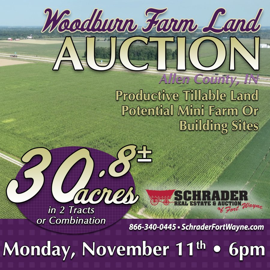 30.8+/- ACRES LAND AUCTION OFFERED IN 2 TRACTS IN ALLEN COUNTY INDIANA