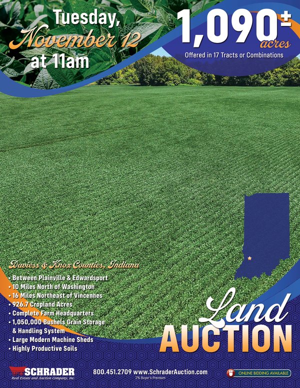 Sold: LAND AUCTION-1090+/- Acres OFFERED IN 17 TRACTS IN DAVIESS AND KNOX COUNTIES INDIANA - Between Plainville and Edwardsport, Indiana