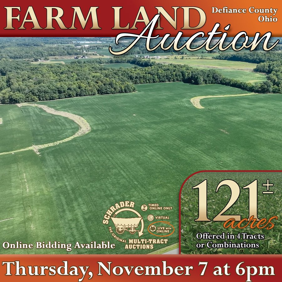 LAND AUCTION-121+/- ACRES OFFERED IN 4 TRACTS IN DEFIANCE COUNTY OHIO