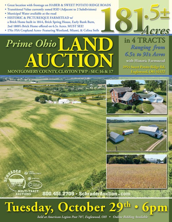 Sold: LAND AUCTION - 181.5+/- ACRES OFFERED IN 4 TRACTS IN MONTGOMERY COUNTY OHIO - 3954 Sweet Potato Ridge Rd, Englewood, OH 45322 -Montgomery County, OH