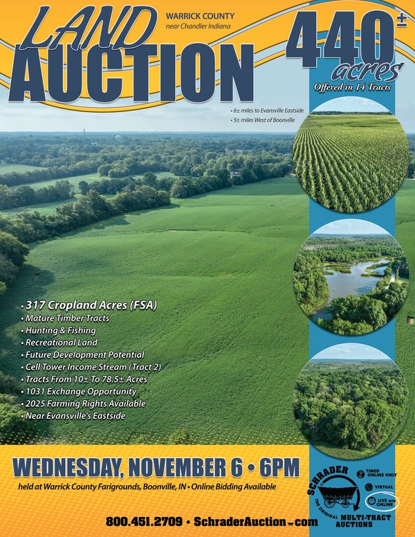 Sold: LAND AUCTION - 440+/- ACRES OFFERED IN 14 TRACTS IN WARRICK COUNTY, INDIANA - Chandler, IN -Warrick County Indiana