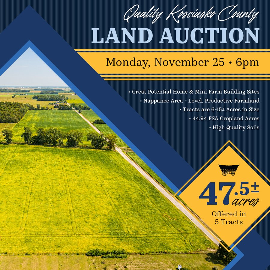 47.5+/- ACRES LAND AUCTION OFFERED IN 5 TRACTS IN KOSCIUSKO COUNTY INDIANA