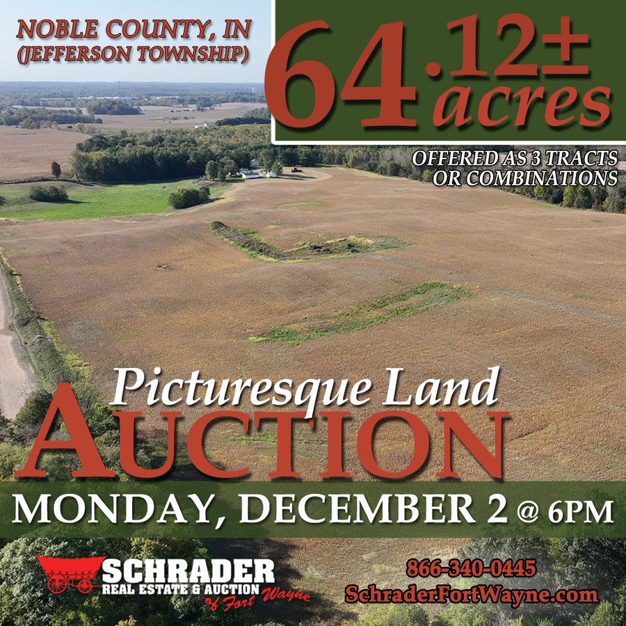 64.12+/- ACRES LAND AUCTION OFFERED IN 3 TRACTS IN NOBLE COUNTY INDIANA