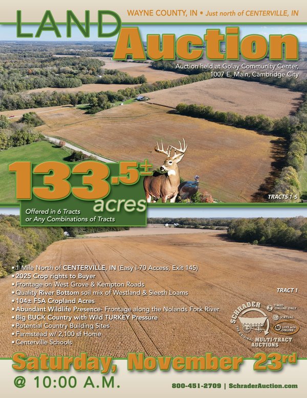 Sold: LAND AUCTION OFFERED IN 6 TRACTS IN WAYNE COUNTY INDIANA - 1043 West Grove Rd., Centerville, IN 47330-Wayne County Indiana