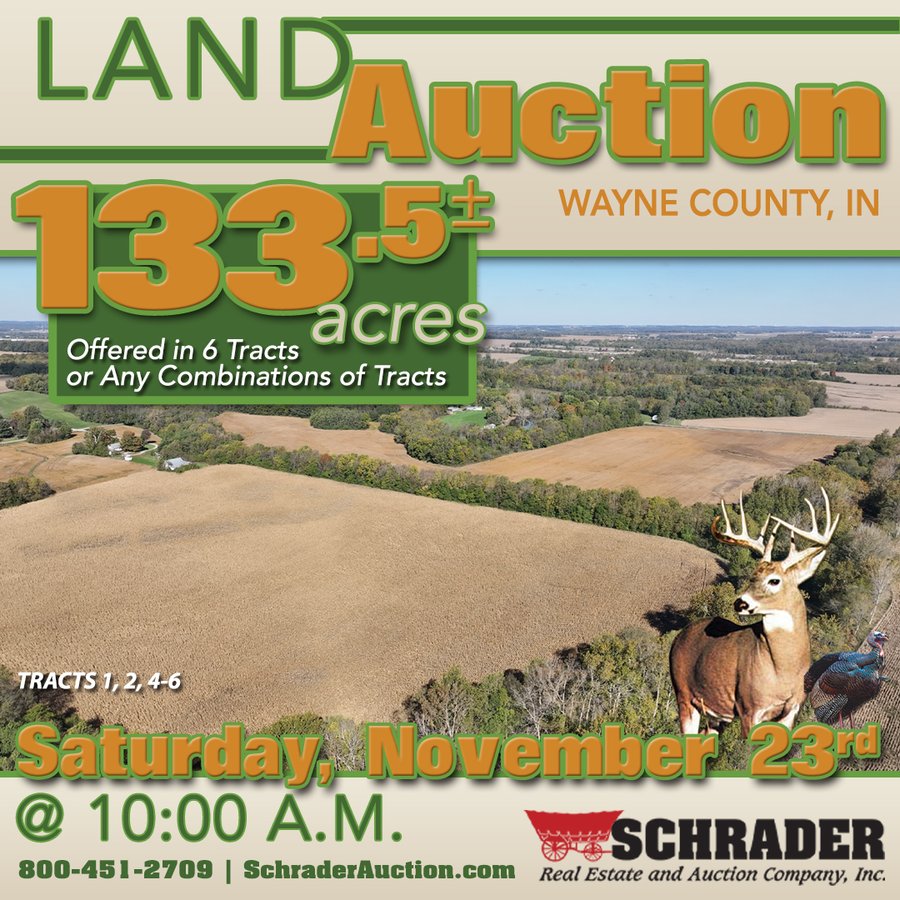 LAND AUCTION OFFERED IN 6 TRACTS IN WAYNE COUNTY INDIANA