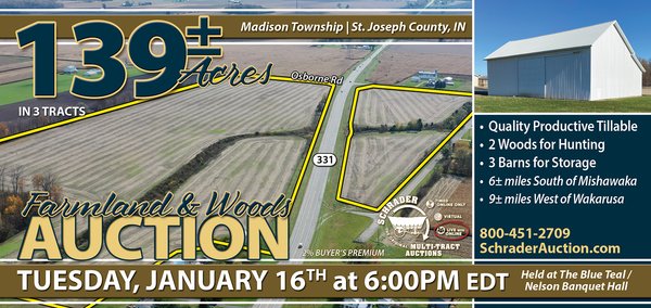 Sold: LAND AUCTION - 139+/- ACRES OFFERED IN 3 TRACTS IN ST. JOSEPH COUNTY, INDIANA - Woodland & Wyatt, IN - St. Joseph County, IN