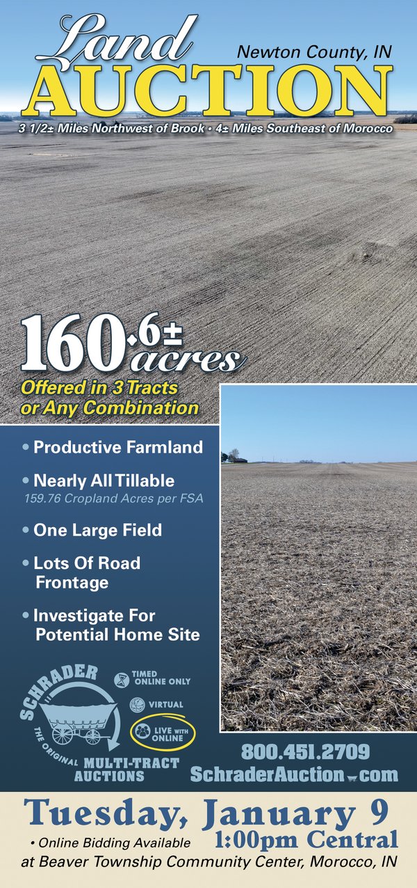 Sold: LAND AUCTION - 160.6+/- ACRES OFFERED IN 3 TRACTS IN NEWTON COUNTY, INDIANA - 3 1/2+/- Miles Northwest of Brook, IN & 4+/- Miles Southeast of Morocco, IN - Newton County, IN