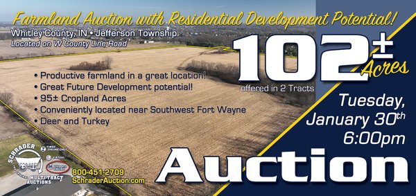 Sold: LAND AUCTION - 102+/- ACRES OFFERED IN 2 TRACTS IN WHITLEY COUNTY, INDIANA - Columbia City, IN - Whitley County, IN