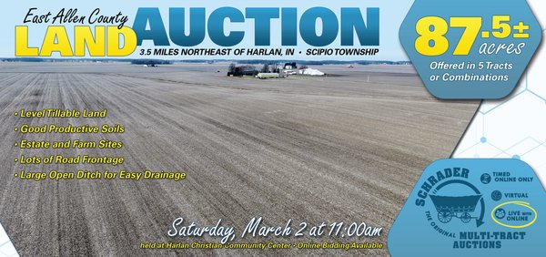 Sold: LAND AUCTION - 87.5+/- ACRES OFFERED IN 5 TRACTS IN ALLEN COUNTY, INDIANA - Harlan, IN - Allen County, IN
