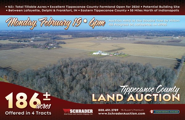 Sold: LAND AUCTION - 186+/- ACRES OFFERED IN 4 TRACTS IN TIPPECANOE COUNTY, INDIANA - Lafayette, IN - Tippecanoe County, IN