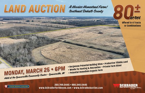 Sold: LAND AUCTION - 80+/- ACRES OFFERED IN 4 TRACTS IN DEKALB COUNTY, INDIANA - Spencerville, IN - DeKalb County, IN