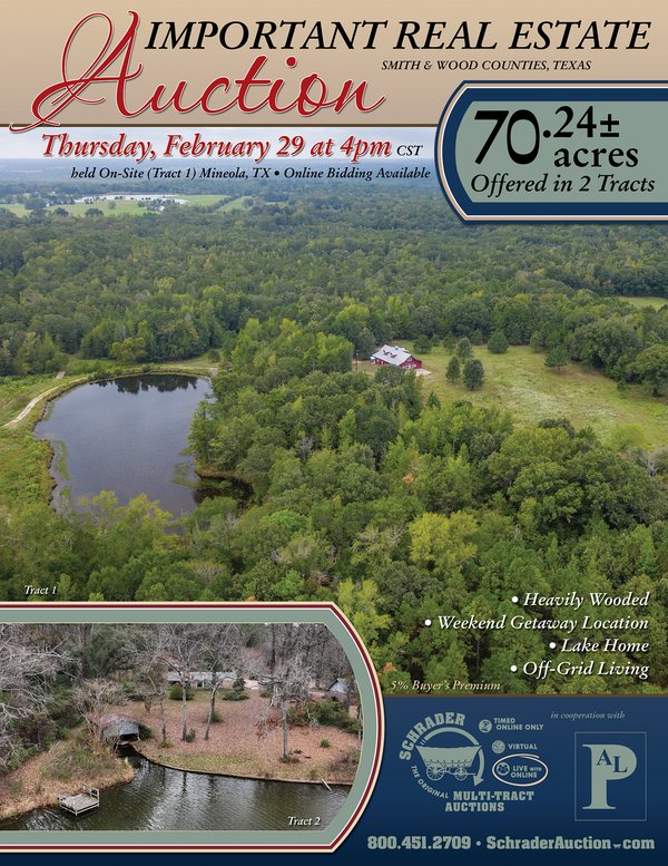 Sold: REAL ESTATE AUCTION - 70.24+/- ACRES OFFERED IN 2 TRACTS IN WOOD & SMITH COUNTIES, TEXAS - 13426 County Road 468 Tyler, TX 75704 - Wood & Smith Counties, TX
